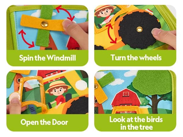 montessori farm busy book offers 20 different activities across 10 page