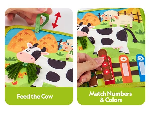 montessori farm busy book offers 20 different activities across 10 page