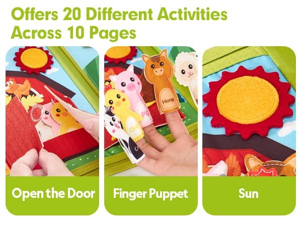 montessori farm busy book offers 20 different activities across 10 page