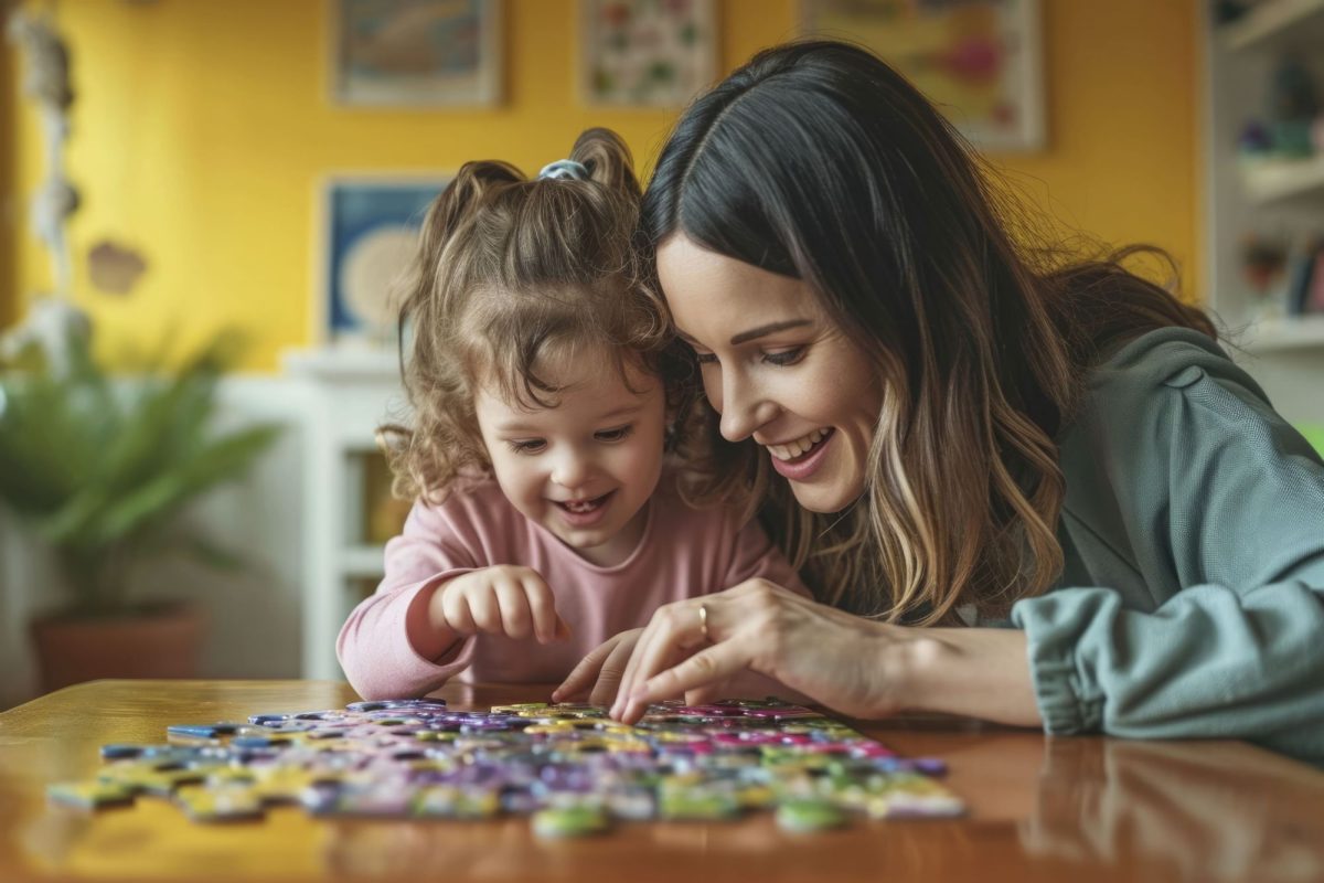 puzzles and games for kids - little girl with her mother play with puzzles