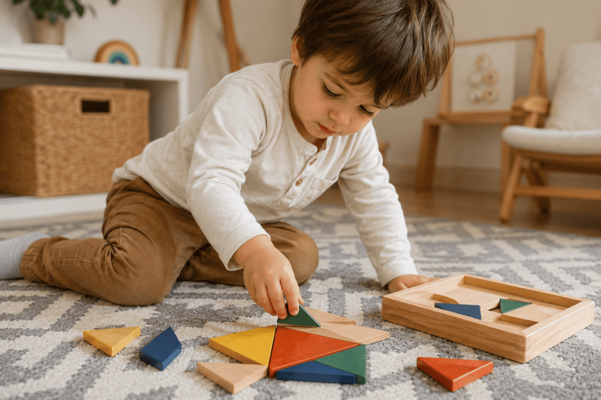 Child playing with wooden Montessori tangram puzzle to develop problem-solving skills